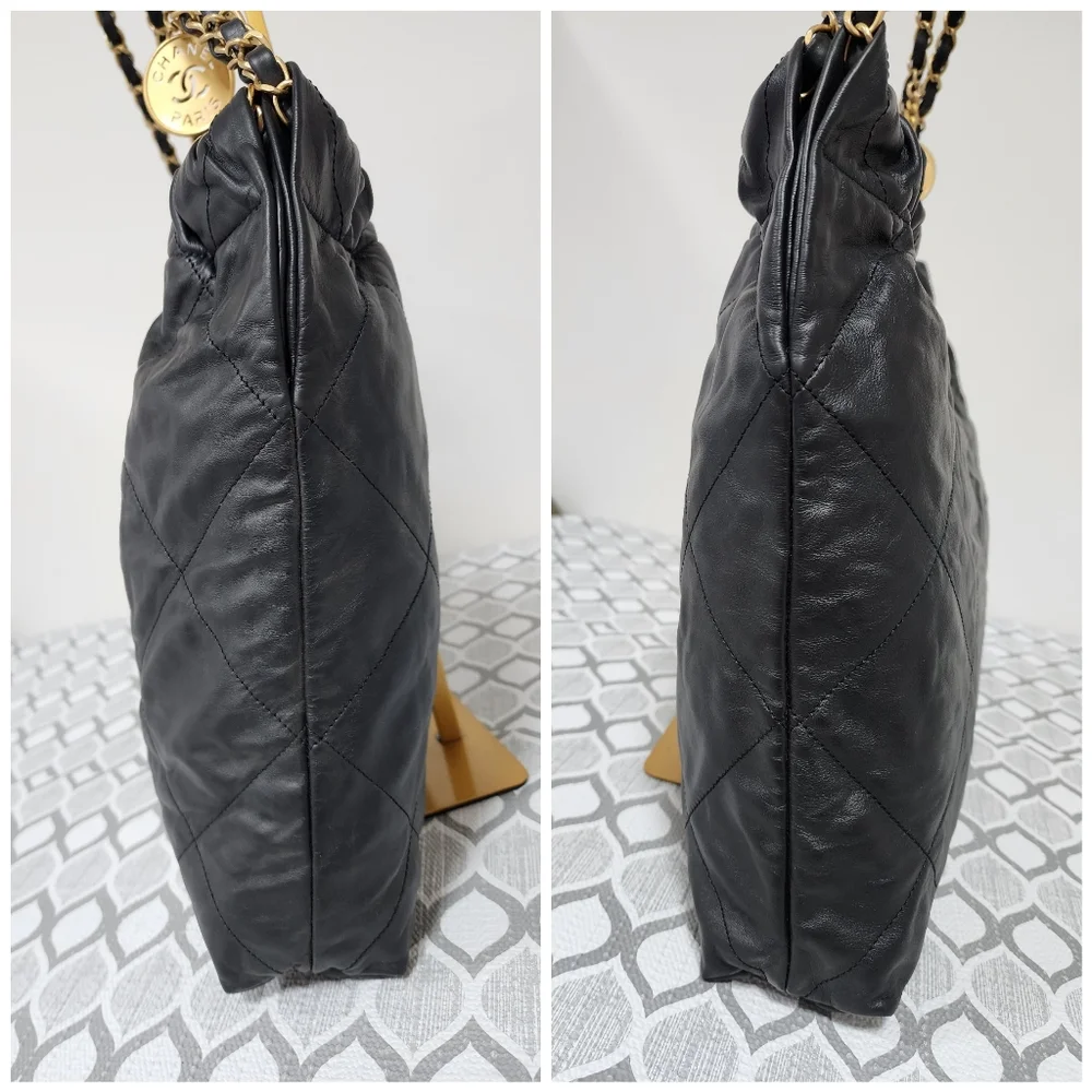 CHANEL Quilted Shiny Calfskin Leather 22 Hobo Bag Black